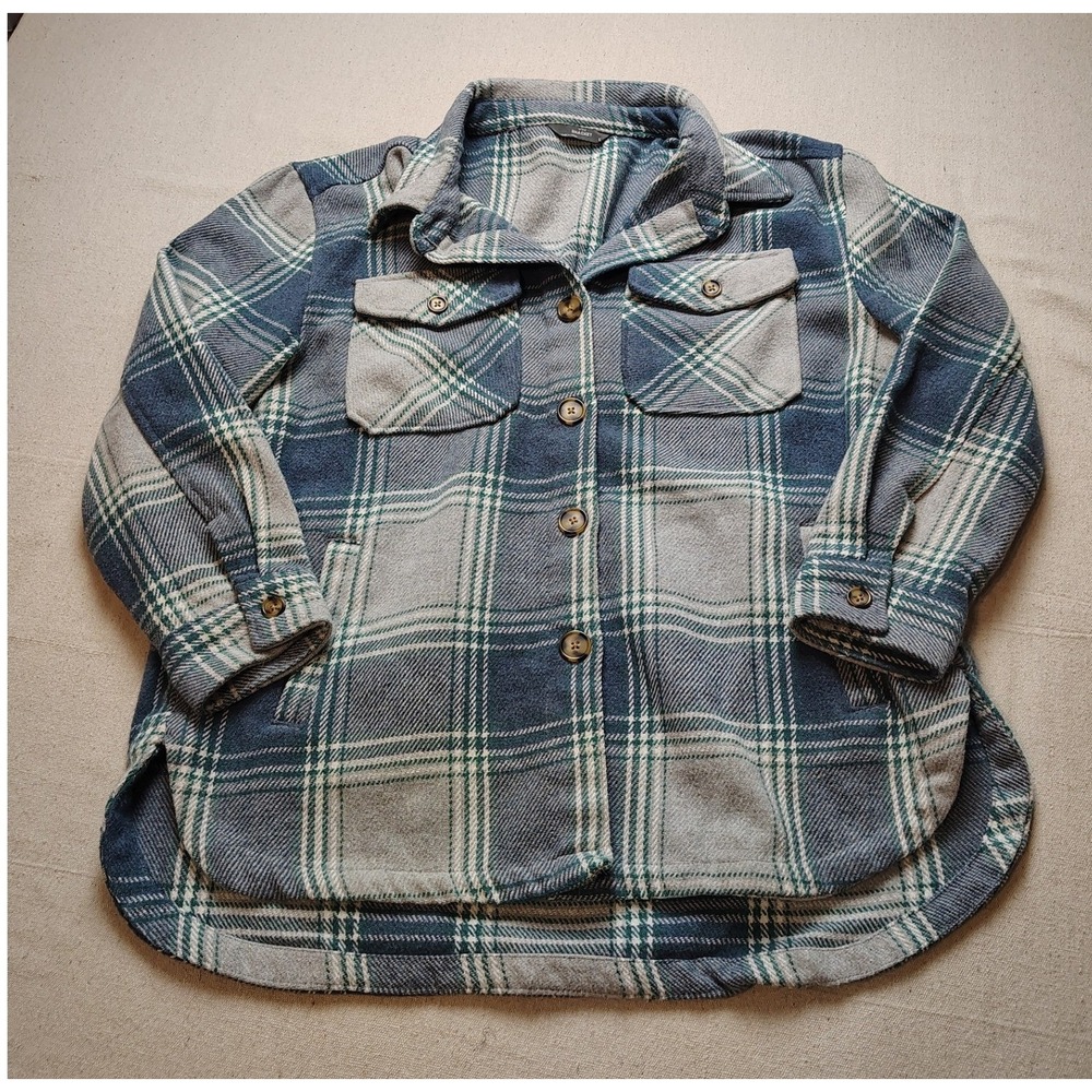 Plaid Shacket Button Front Shirt Jacket Blue Grey Flannel Large High‎ Low Hem